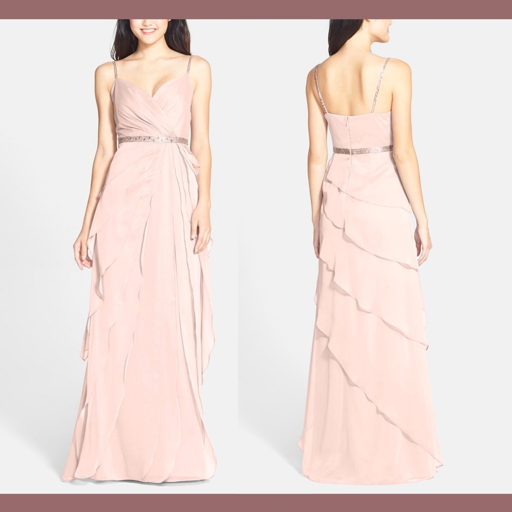 Adrianna Papell [SZ‎ 6 ] Beaded Trim Tiered Chiffon Gown in Blush/Peach